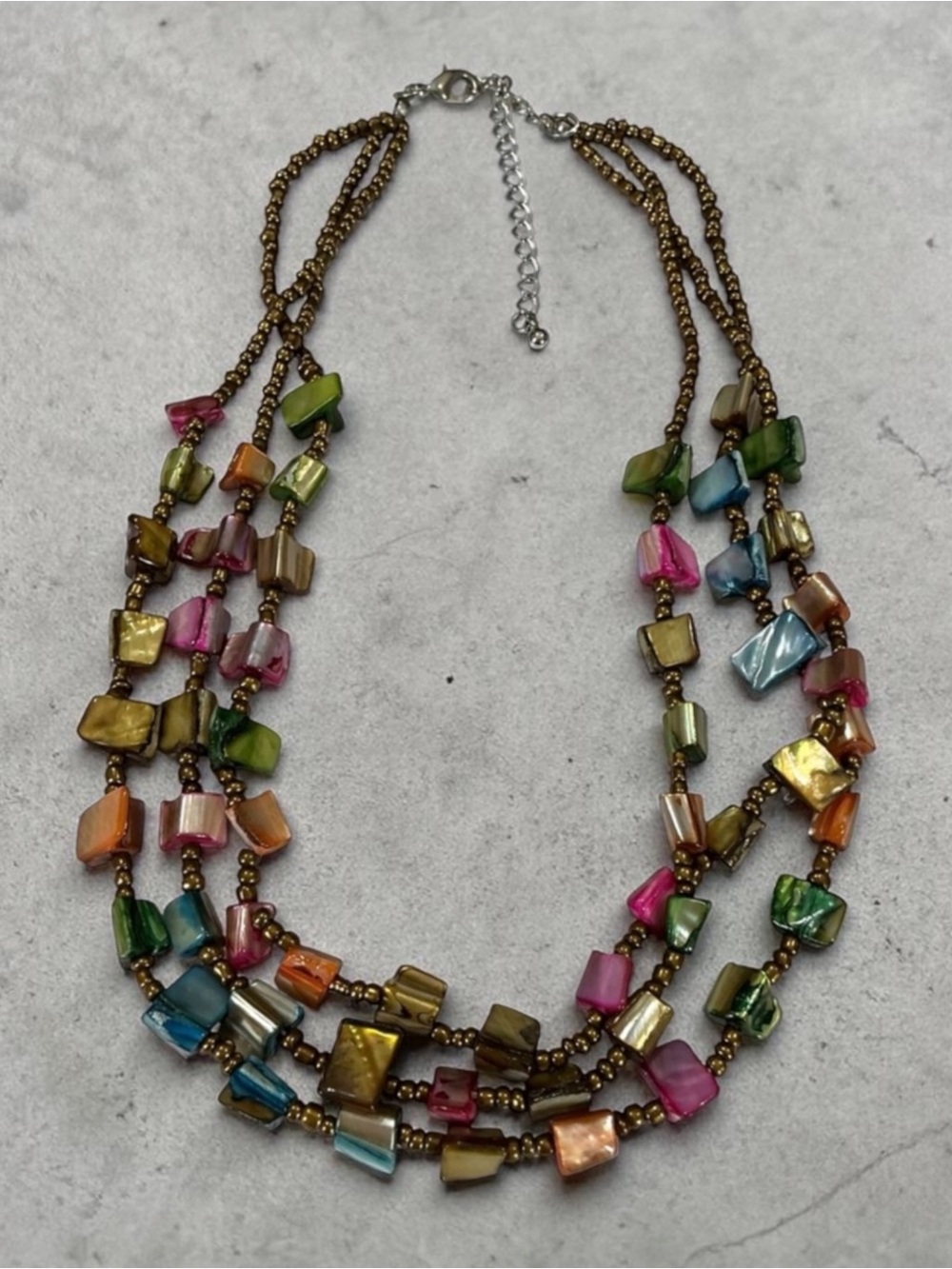Vintage Multicolor Mother of Pearl Beaded 3 Strand Necklace